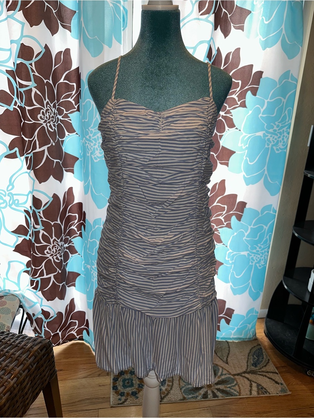 Ruched Spaghetti‑Strap Mini Dress in Blue and white Stripe